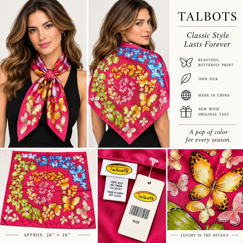 Talbots Silk Scarf Pink Butterfly Print Square Neckerchief 26x26 New NWT
